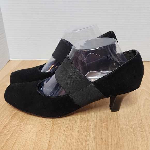 Paul Green Black Suede Elastic Strap Round Square Toe Heels Pumps size 9 - Picture 1 of 16